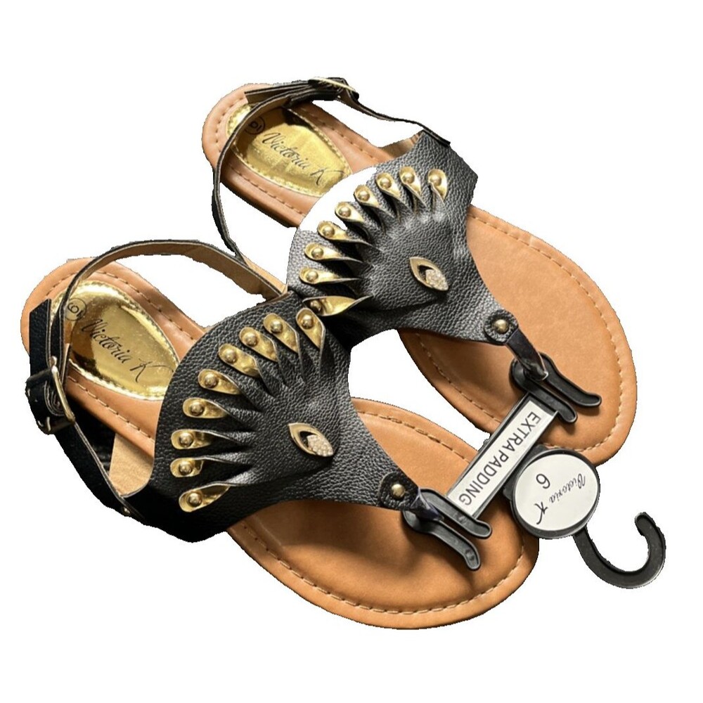 Victoria K.  Twist Sandals Flats Black Gold Adjustable Strap size 6